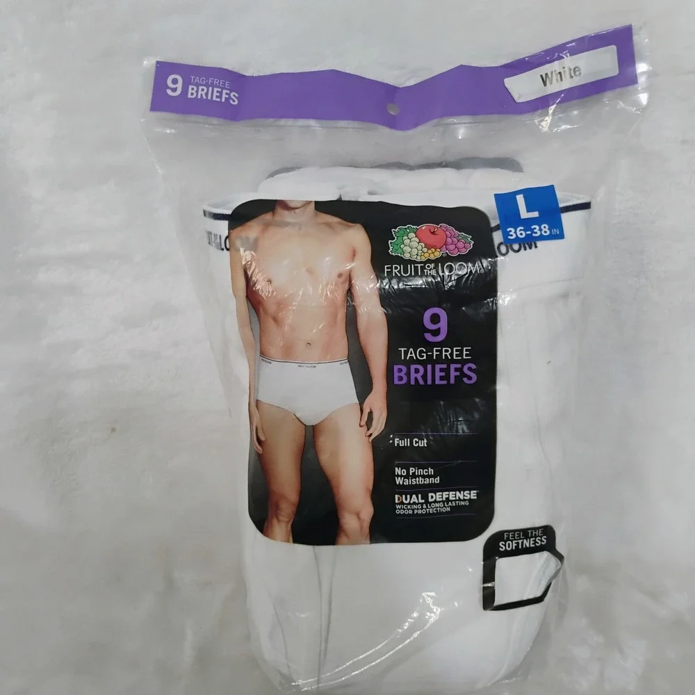 Fruit of the Loom Mens 9 Pk Tag Free Briefs White Full Cut Size L 36-38 Dual